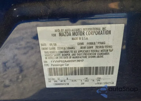 2009 Mazda Mazda6 I Grand Touring z USA, uszkodzony, nr VIN 1YVHP82A495M13617